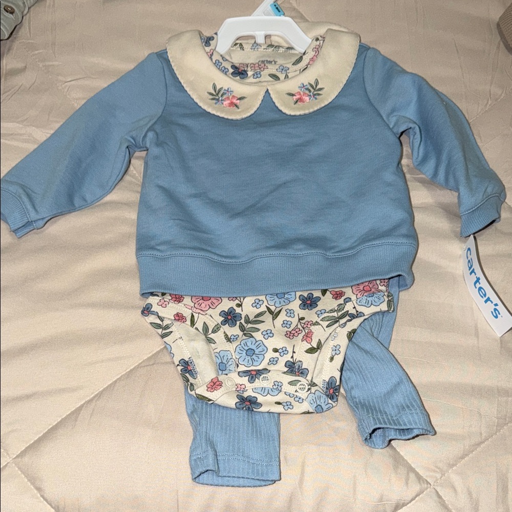 Carter's Light Blue Top, Floral Bodysuit & Cream Collar Set